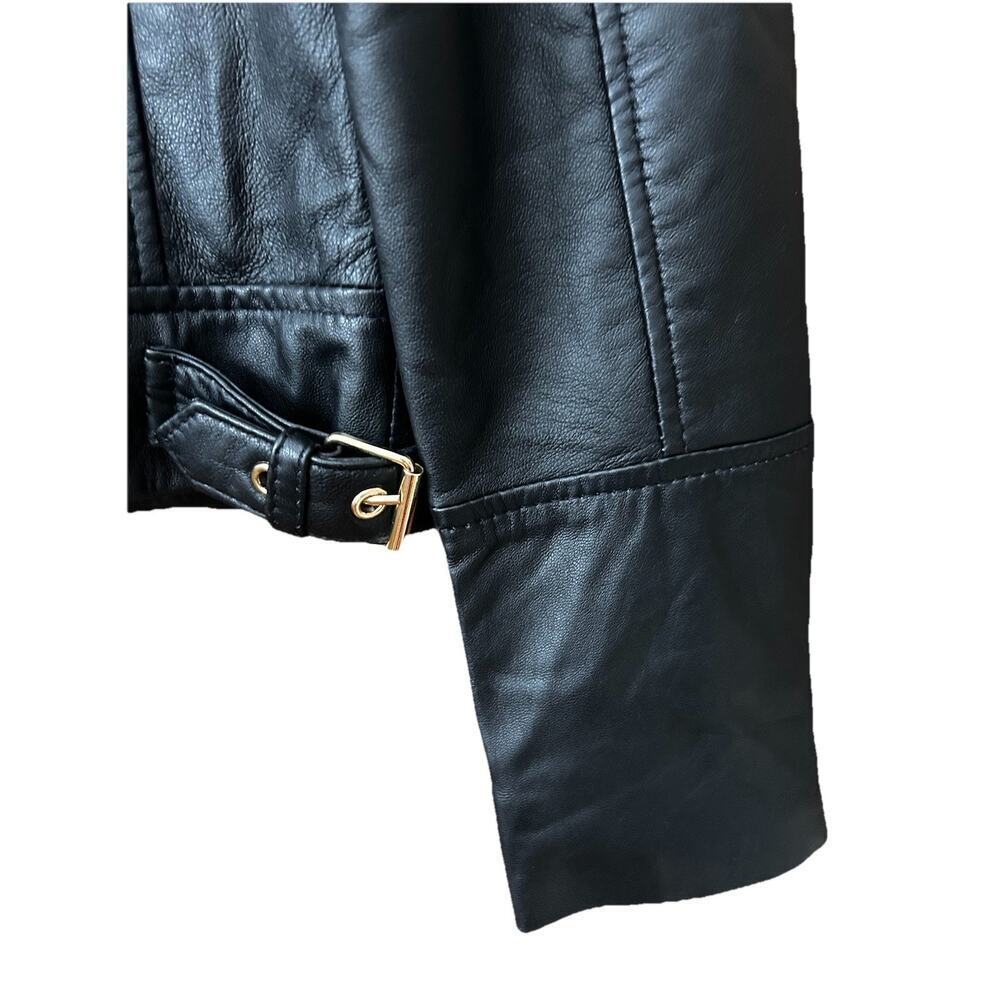 Guess Women’s Black Leather Moto Quilted Shoulder Gold Zips Biker Jacket Size M - Picture 12 of 16